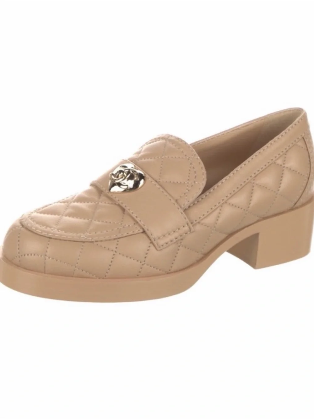 CHANEL Quilted Nude Leather Loafers with Gold Heart Logo - Picture 2 of 4